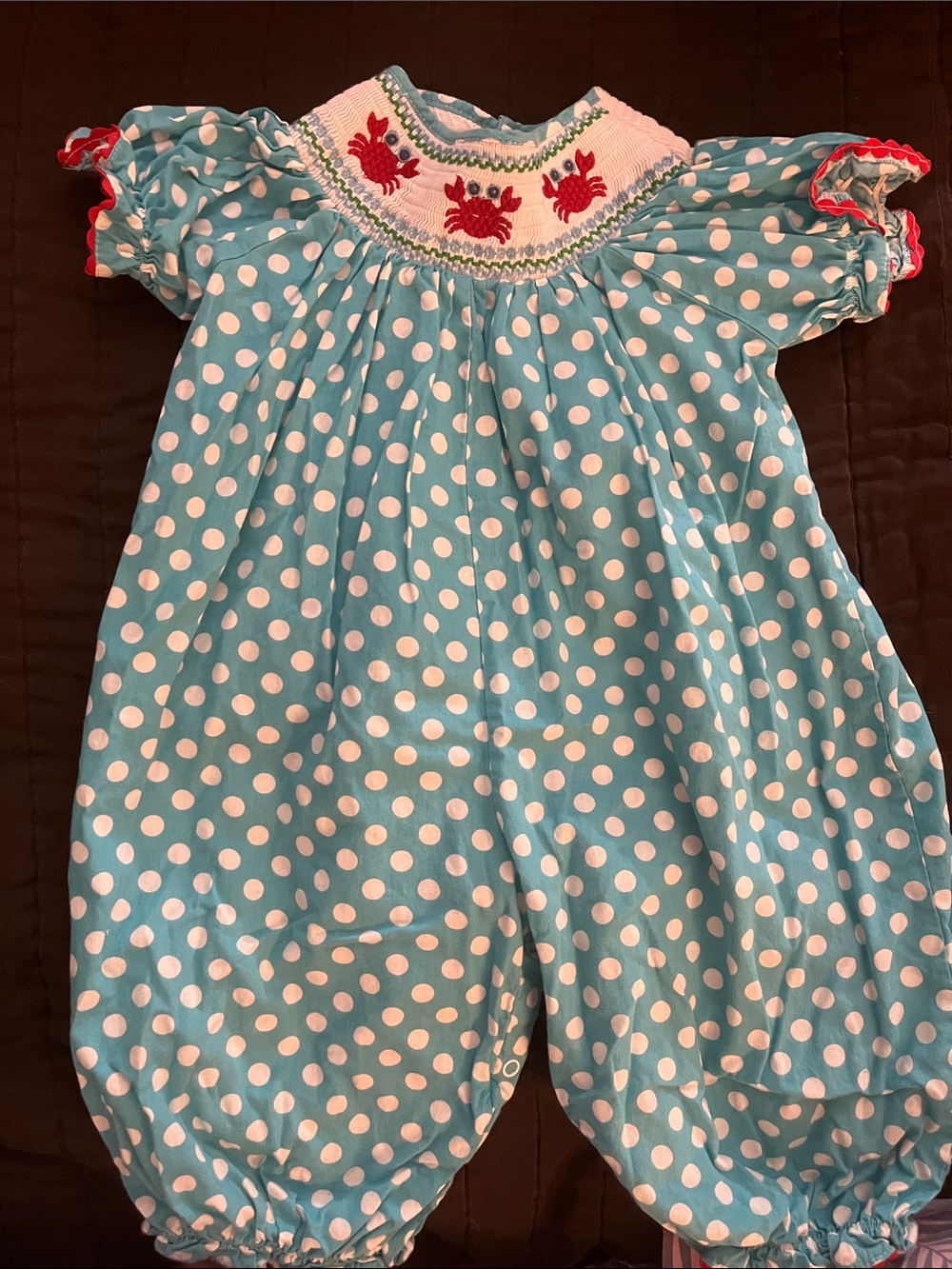 Cactus Turquoise Polka Dot Romper with Red Crab Accent